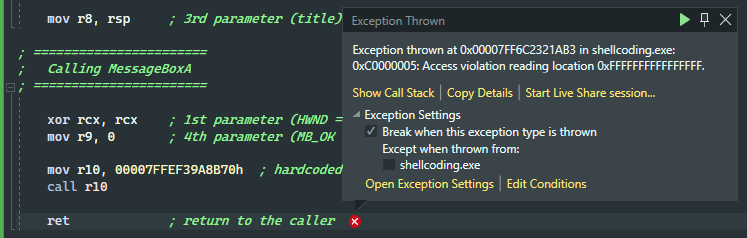 Exception thrown on ret instruction