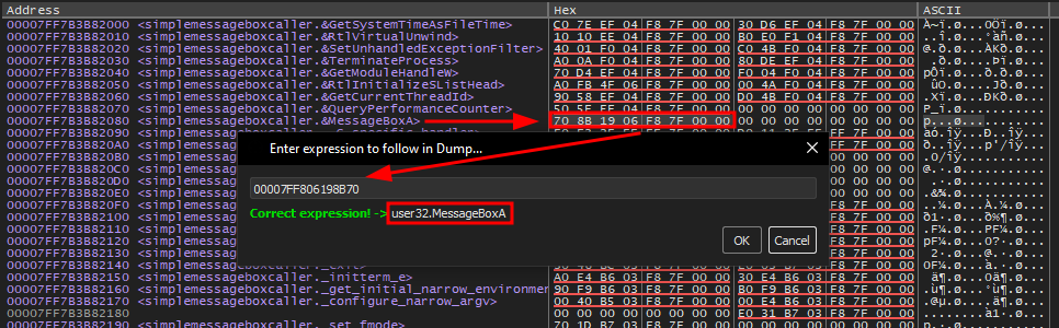 resolved address of MessageBoxA